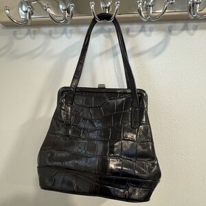 Unique Vintage Sleek Black Crocodile-Embossed Hand  Bag